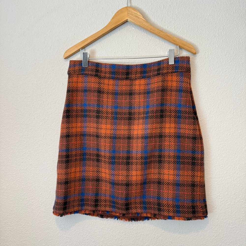Ann Taylor Factory Petite 10P Orange Blue Plaid Frayed Hem Mini Skirt